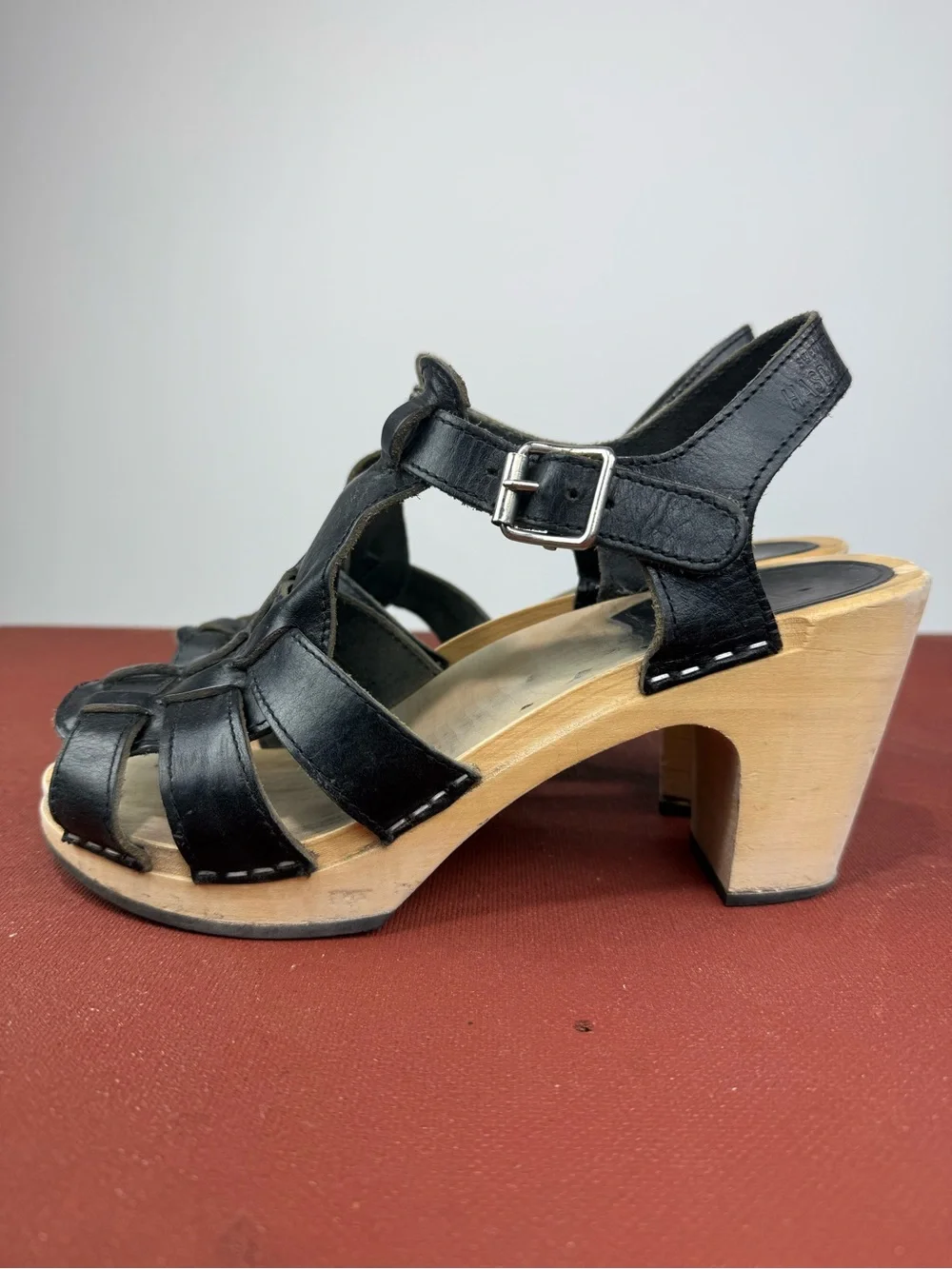 Swedish Hasbeens Black Woven Leather Platform Sandals Size 39